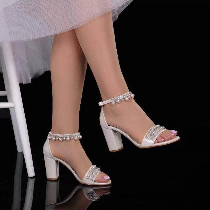 White Pearl and Rhinestone Ankle Strap Block Heel Sandals 728679690326 - COCOMELODY